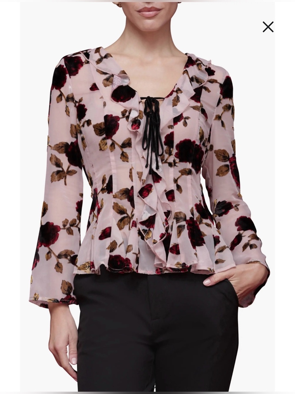 Avec Les Filles Pink Floral Ruffle Tie-Neck Blouse
